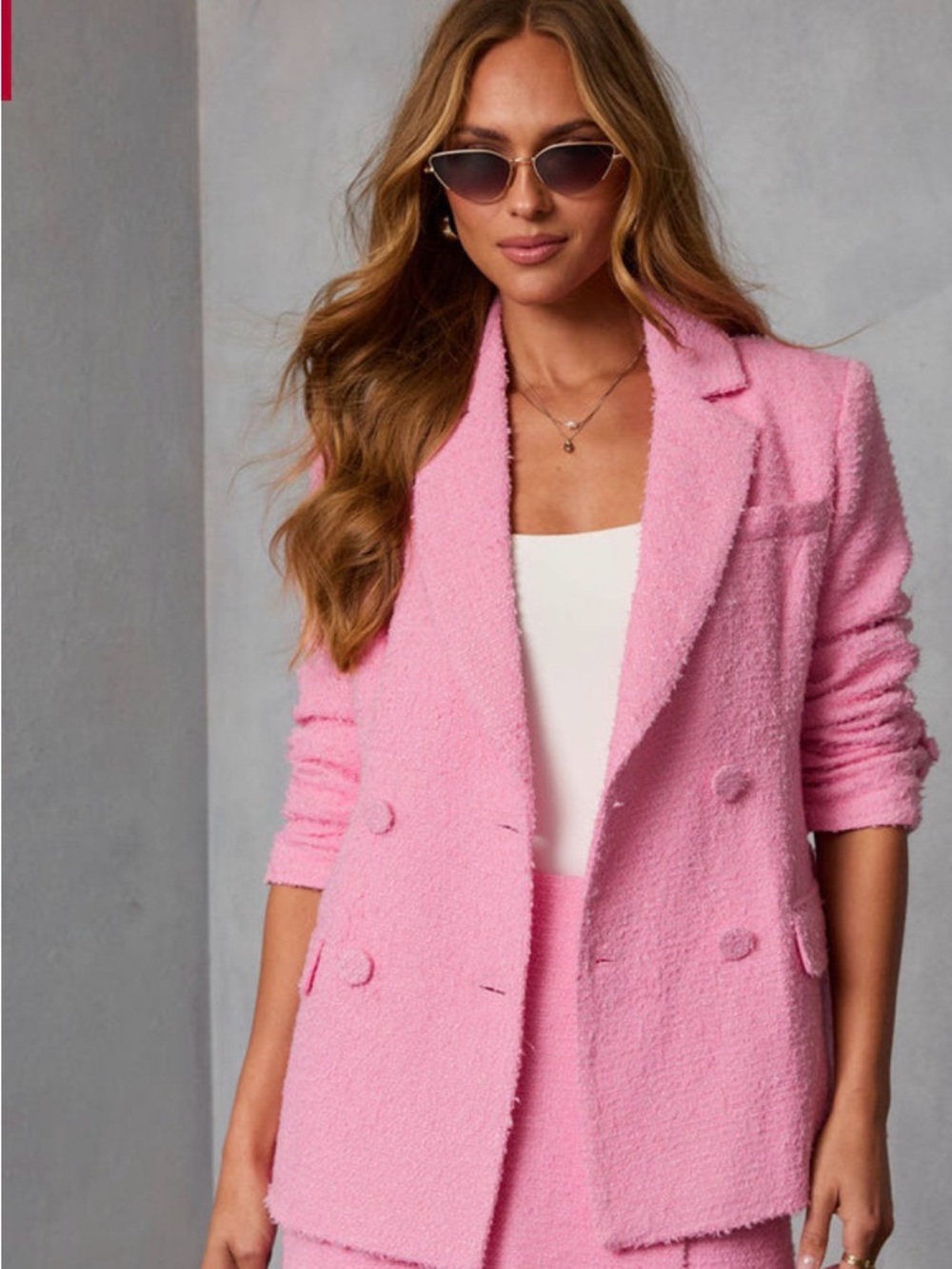 Vici Pink Bouclé Double-Breasted Blazer